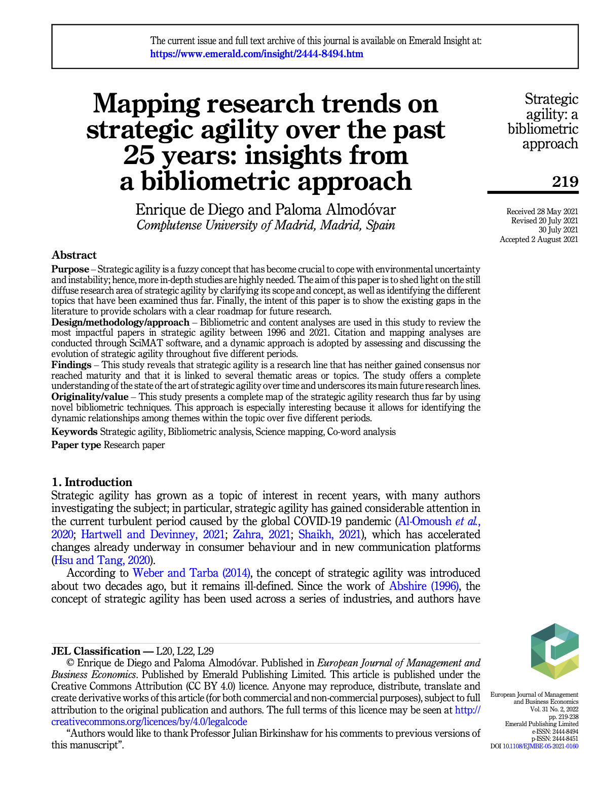 Mapping research trends on strategic agility over the past 25 years: insights from a bibliometric approach